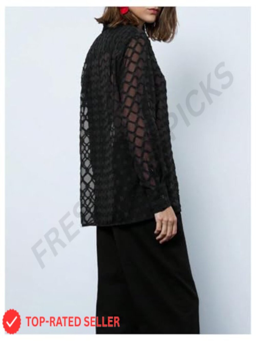 Long Sleeve Mesh Sheer Collared Button Down Blouse Top - Picture 2 of 5